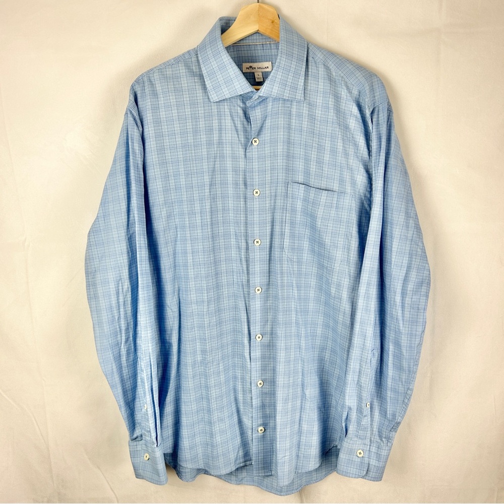 PETER MILLAR Blue Checked Performance Button Down Shirt Large Golf Relaxed Sport